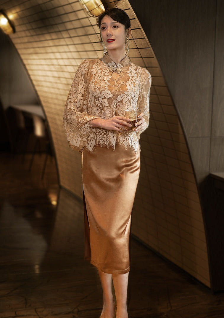 Кружево Атлас Золото 金缕梦 Шампанское Ципао