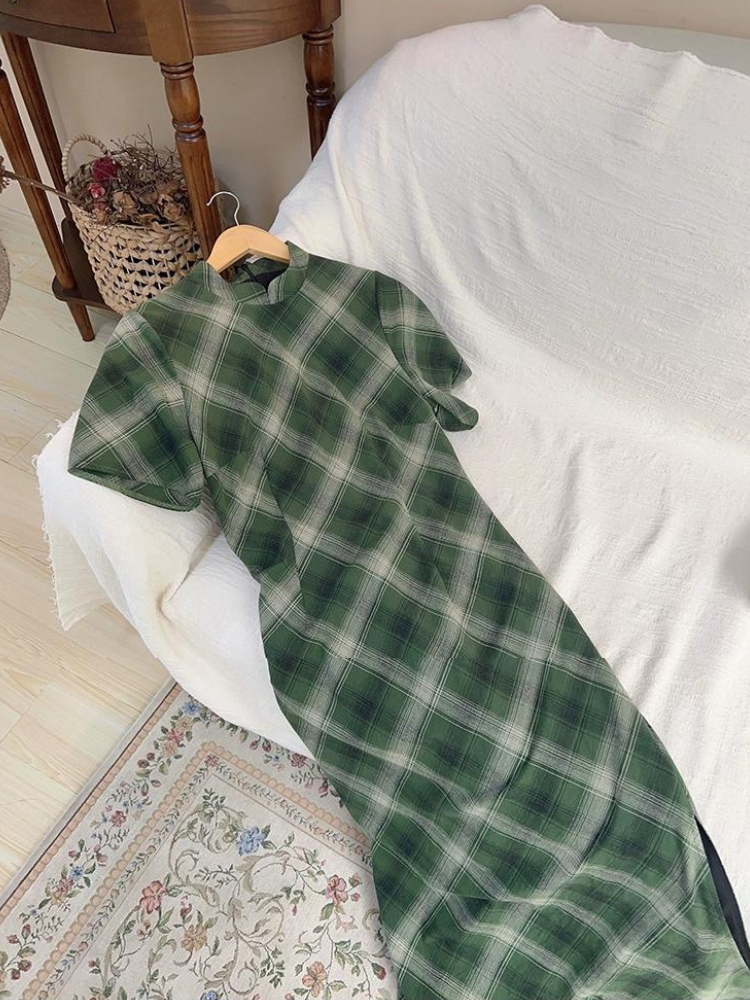 Gezi 格子 Клетчатая клетка больших размеров Ципао из хлопка в стиле 1930-х годов с короткими рукавами