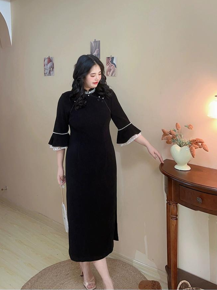 Sirong 丝绒 Qipao à manches longues en velours et dentelle, grande taille, hiver