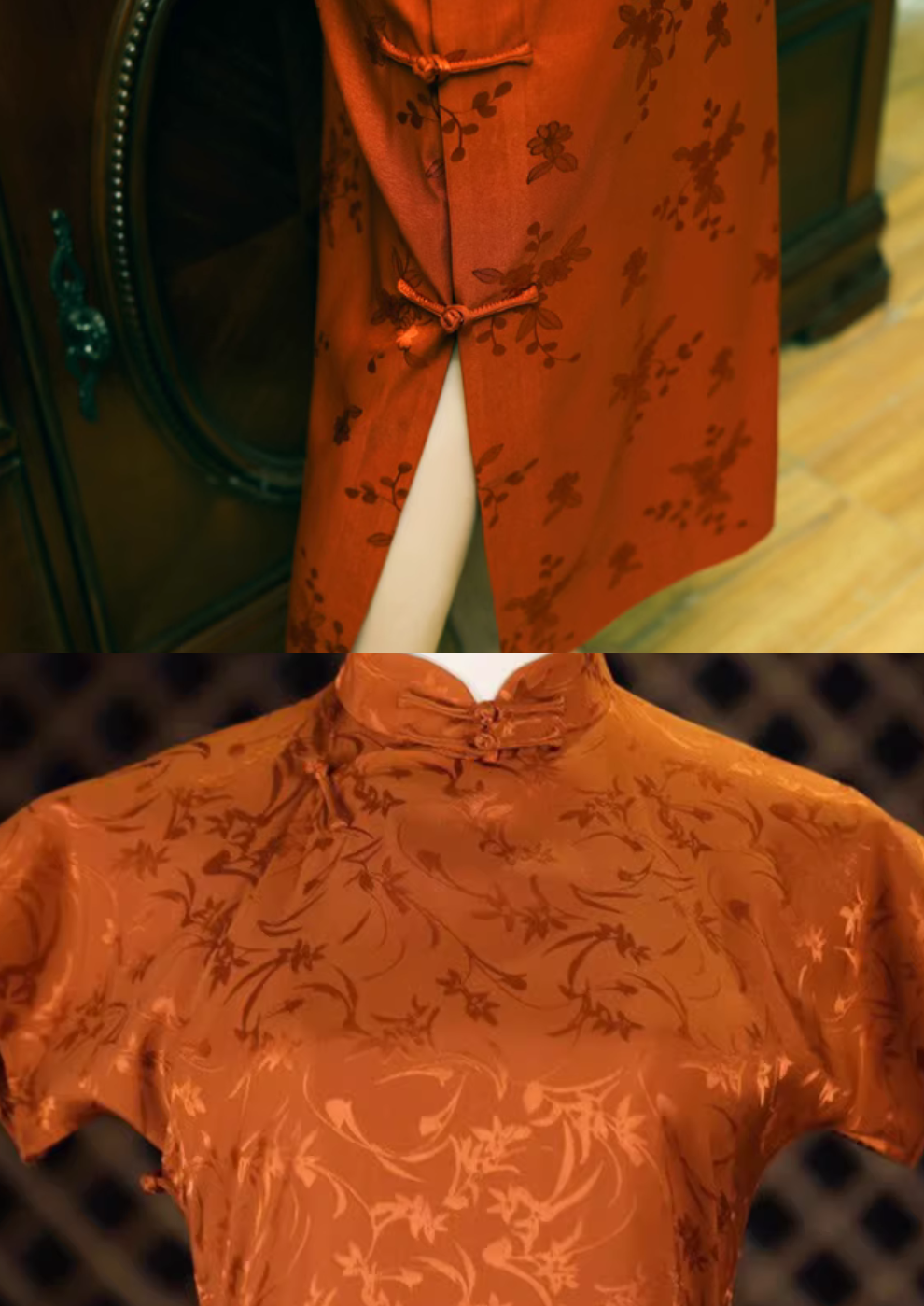 Галстук Сюй 铁锈 Ржаво-красный Ципао из атласа с цветочным принтом 1930-х годов с короткими рукавами