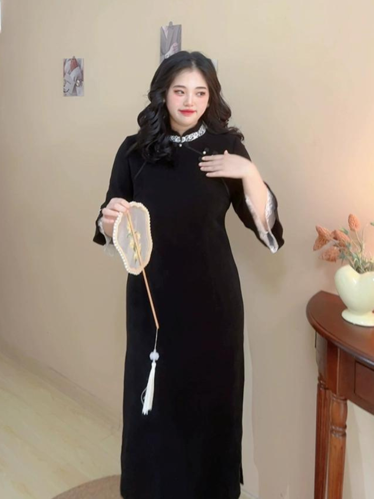 Sirong 丝绒 Qipao à manches longues en velours et dentelle, grande taille, hiver