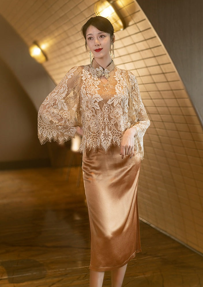 Кружево Атлас Золото 金缕梦 Шампанское Ципао