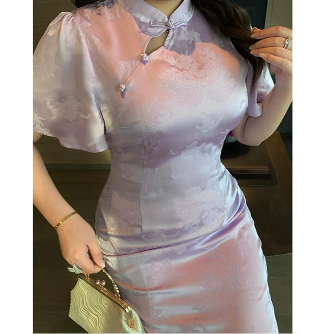 Zimo Diewu 紫陌蝶舞 Butterflies Dancing on Lavender Paths Plus Size Modernized Cutout Jacquard Butterfly Sleeve Qipao