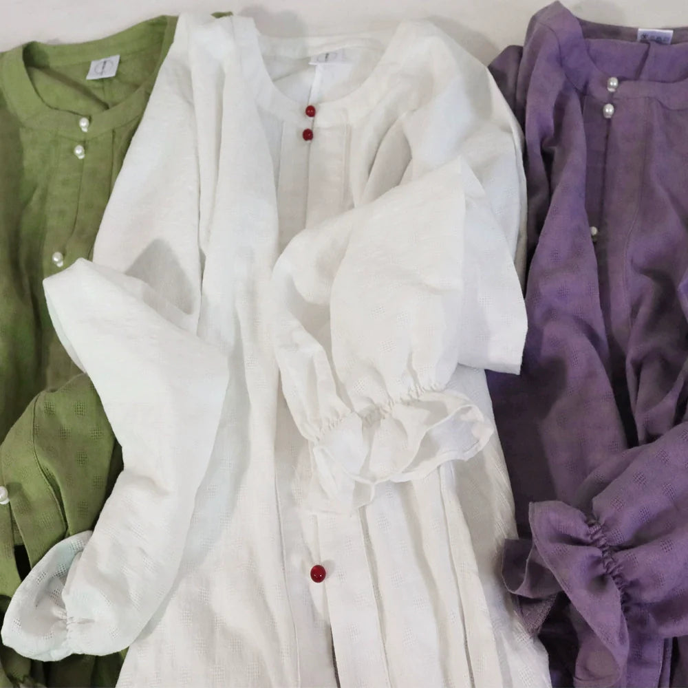 Touqi 透气 Модернизированная рубашка с круглым воротником и рукавами-фонариками