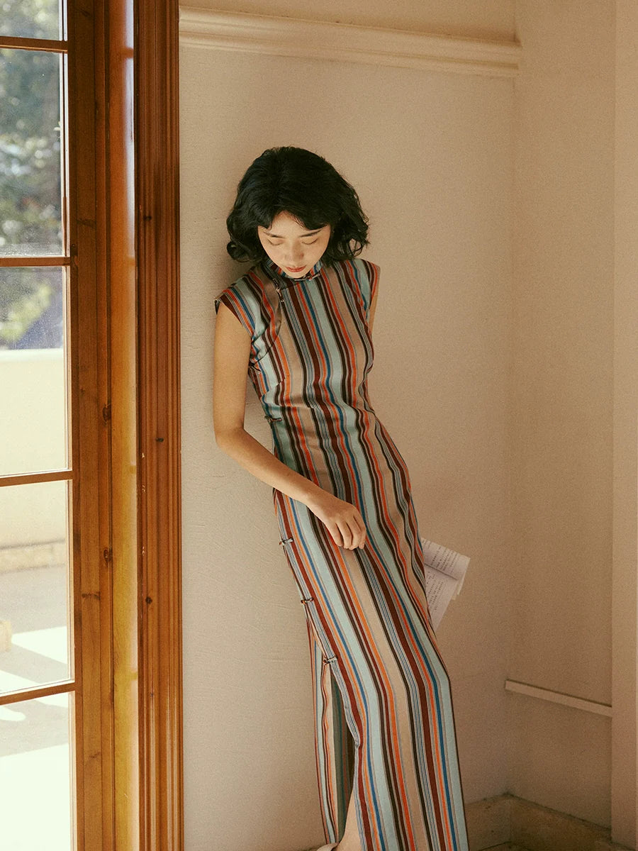 Шэн Дао 省道 Провинциальная дорога 1960-е годы в полоску в стиле ретро Ципао с короткими рукавами