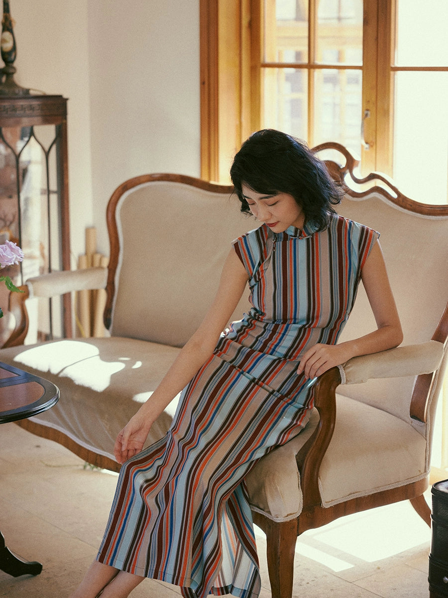 Шэн Дао 省道 Провинциальная дорога 1960-е годы в полоску в стиле ретро Ципао с короткими рукавами