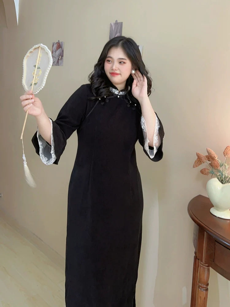 Sirong 丝绒 Qipao à manches longues en velours et dentelle, grande taille, hiver