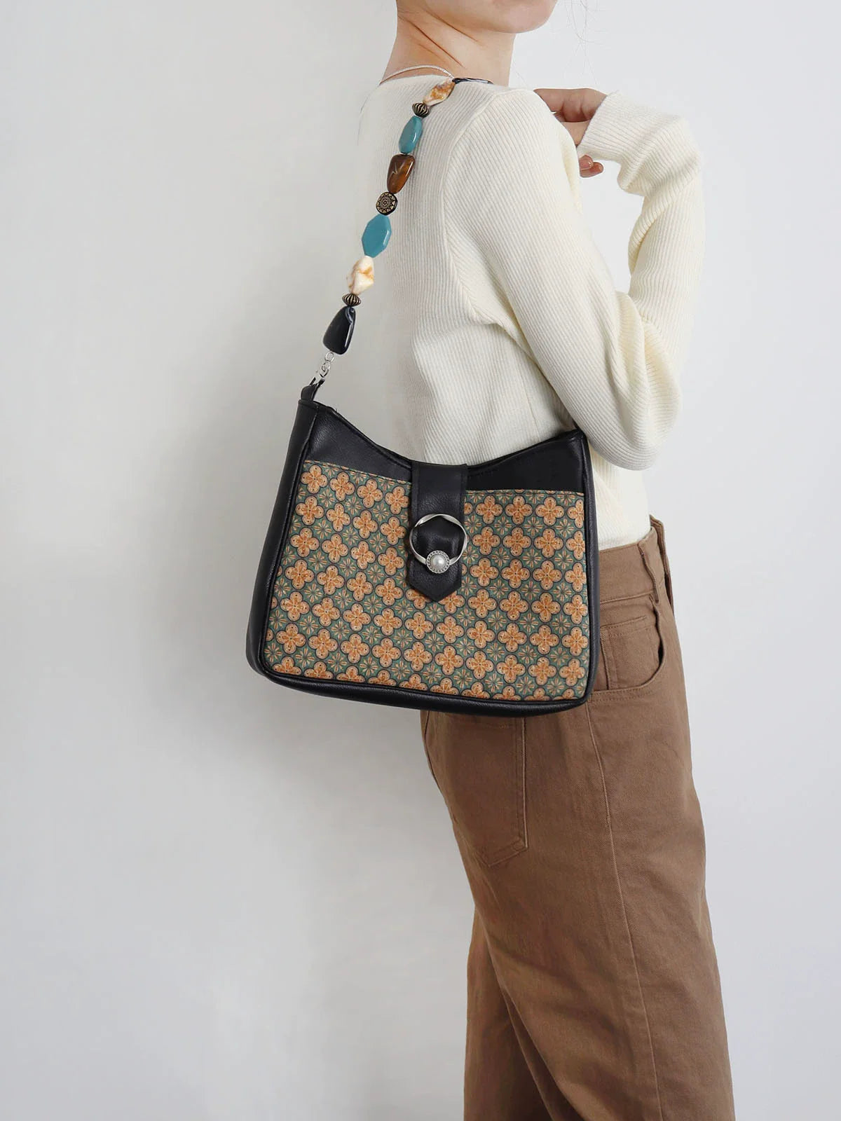 Гу Хуа 古花 Кожаная сумка на плечо с древним цветком