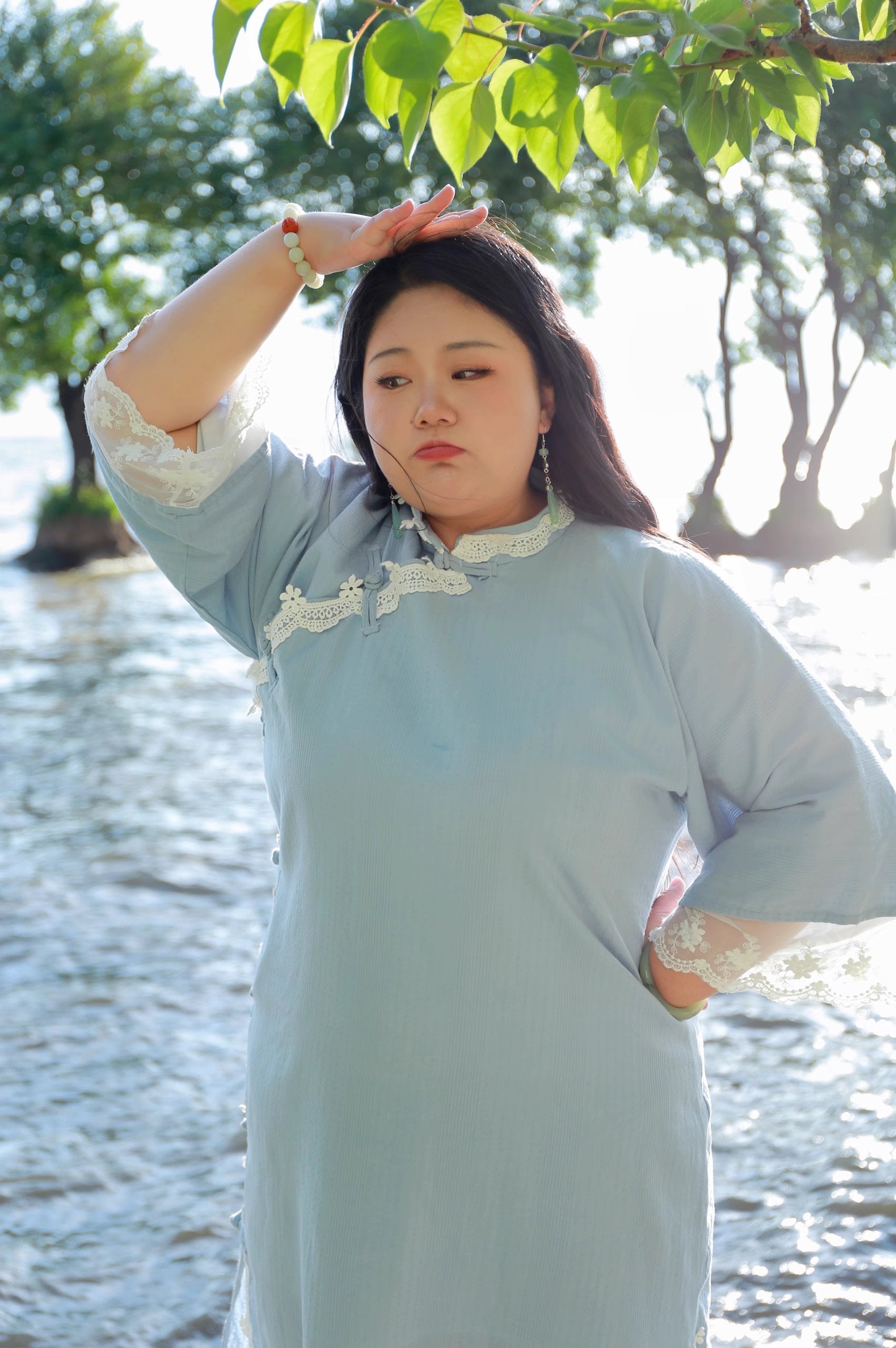 Bohé 薄荷 Мятно-синий Модернизированный Большой размер Повседневные Кружева Хлопок Рукав-колокольчик Qipao