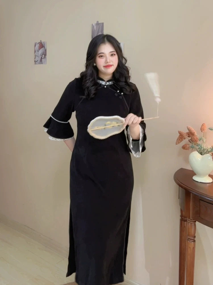 Sirong 丝绒 Qipao à manches longues en velours et dentelle, grande taille, hiver