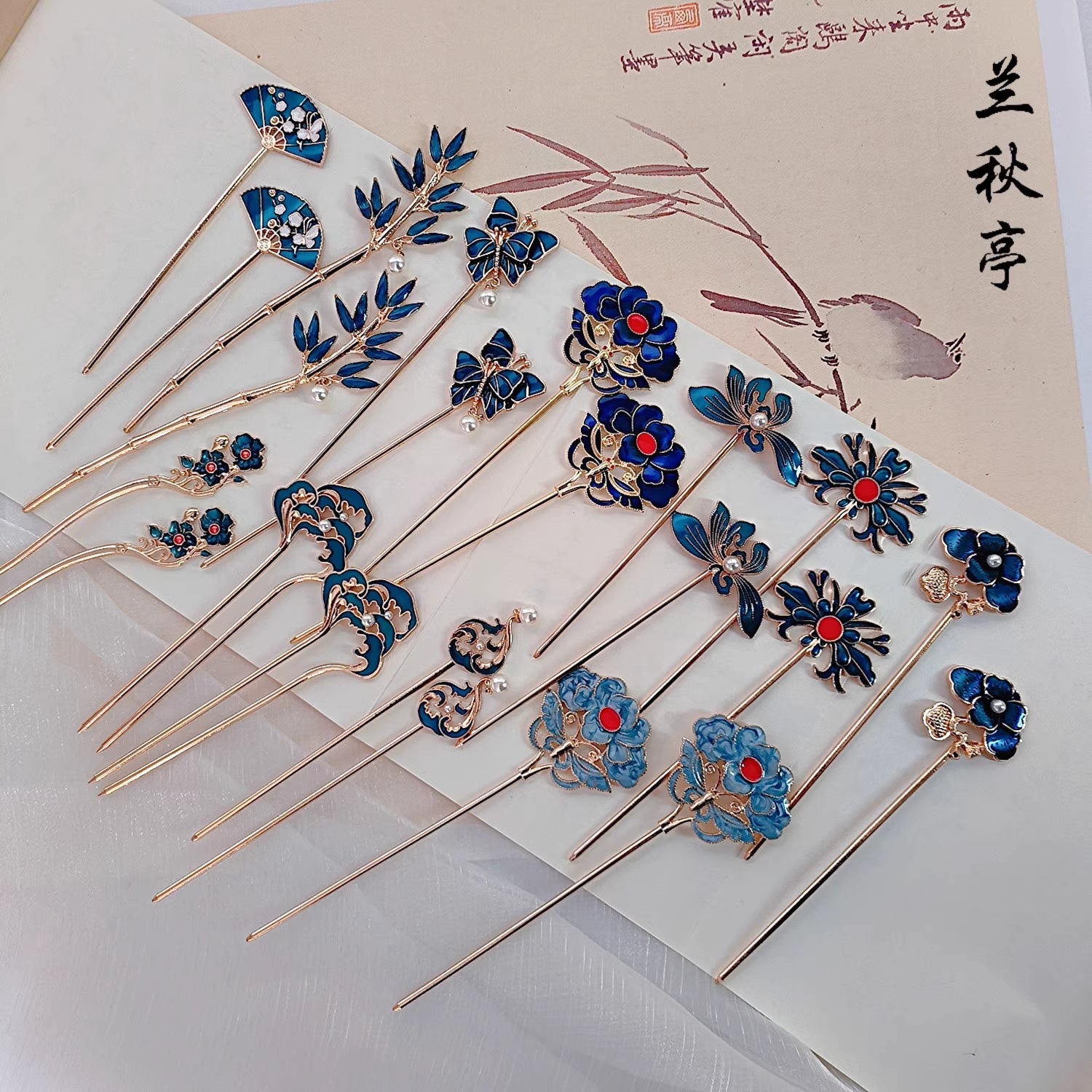 Шао Лань 烧蓝 ярко-синие заколки для волос с бирюзовым цветком времен династии Мин
