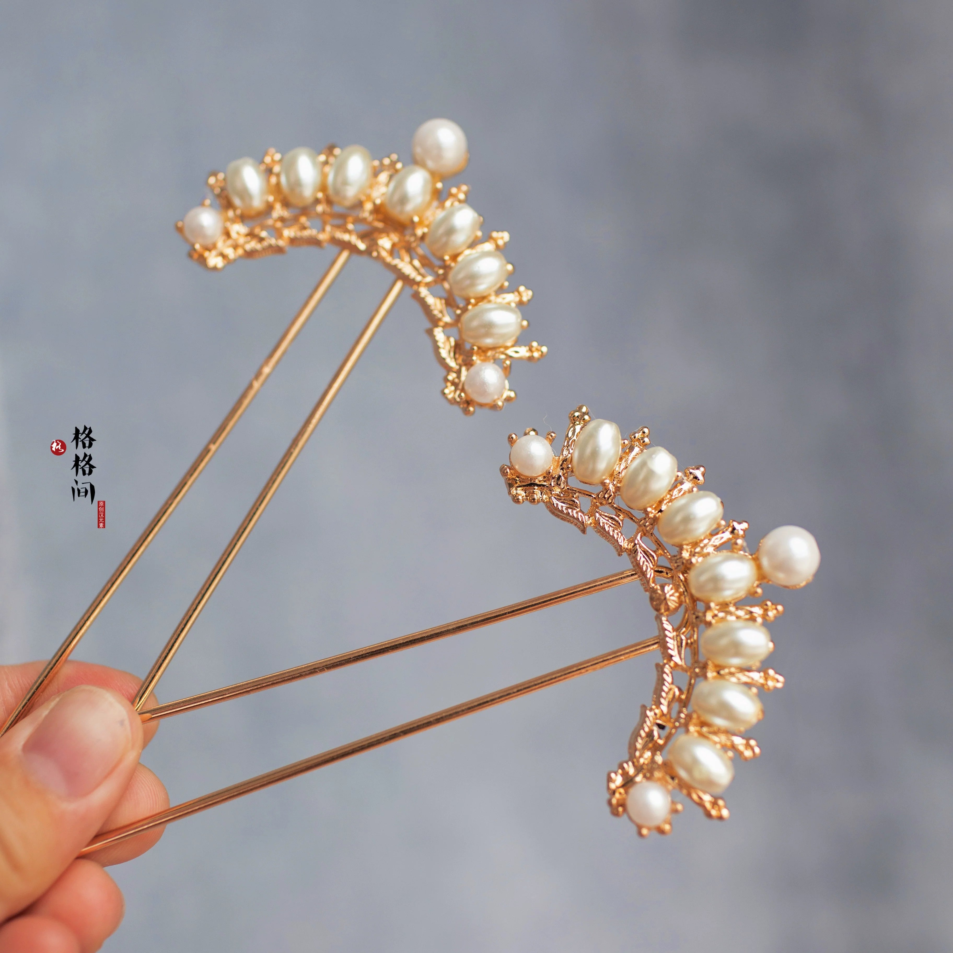 Бан Юань 半圆 Полукруглые изогнутые заколки для волос Тан Сун с жемчугом