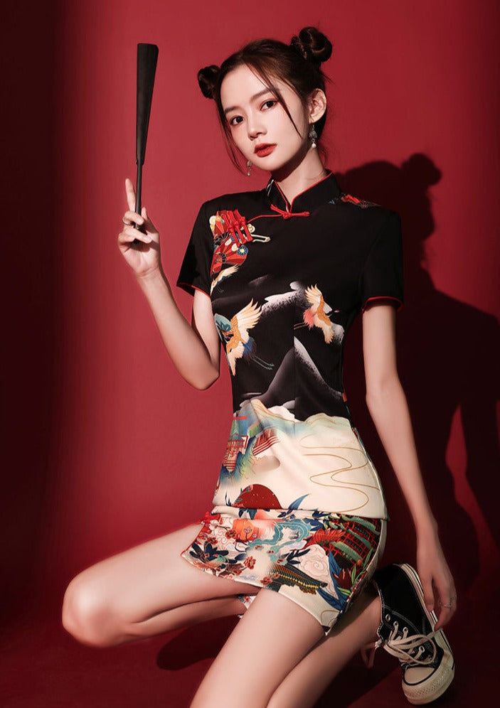 Lotus Crane 黑鹤 Mini Qipao Dress