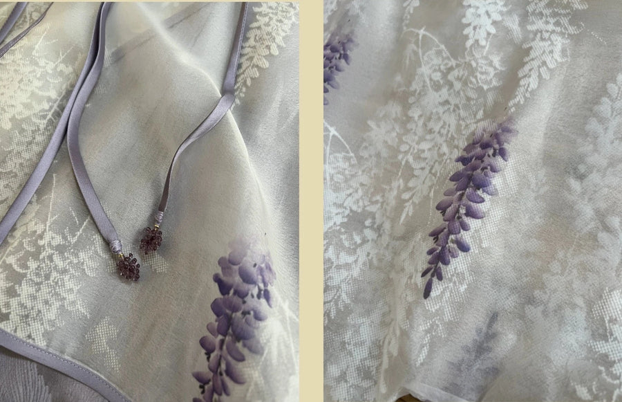 Wu Teng 雾藤 Misty Vine Модернизированное раскрашенное вручную ципао и кардиган из глицинии