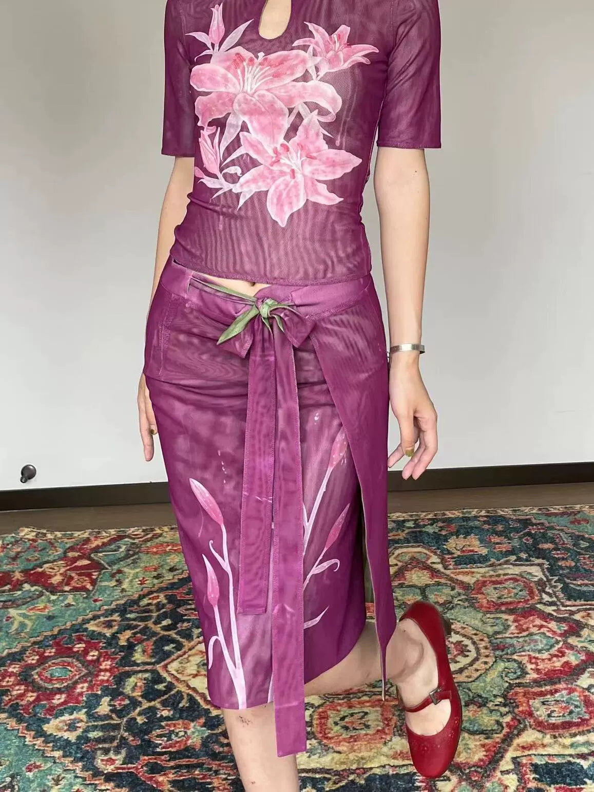 Shi Weiba 湿尾巴 Wet Tail New Chinese Style Double Sided Lily Flower Wrap Skirt