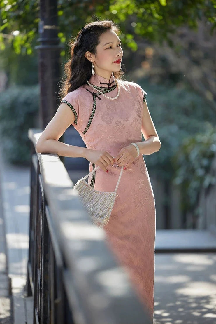 Tao Fen 桃粉 Персиковый пудровый атласный жаккардовый узор 1930-х годов Qipao