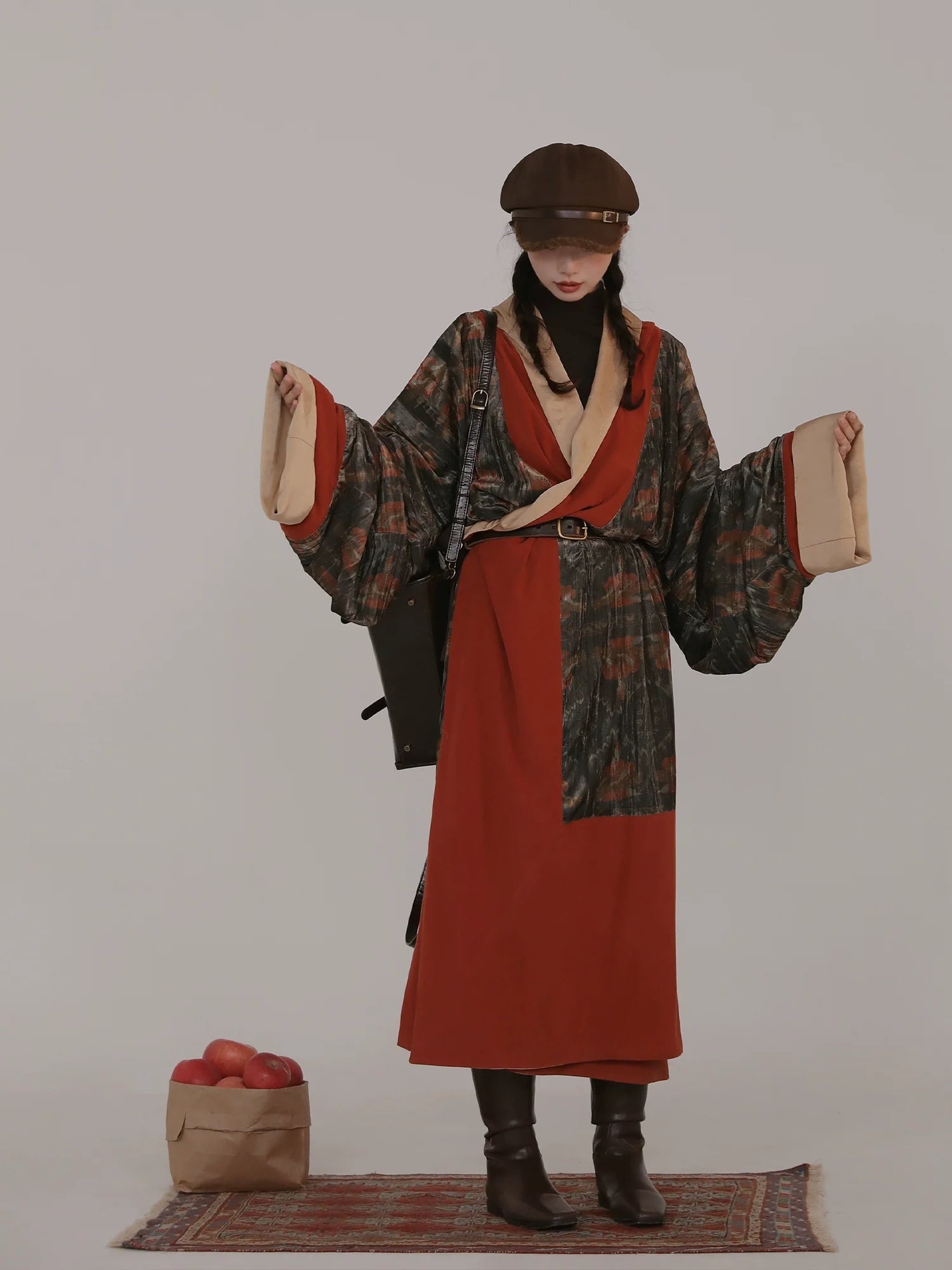 Fu Qin 抚琴 Playing the Zither Modernized Han Reversible Velvet Zhiju Straight Hem Robe Coat