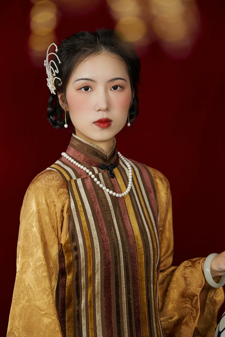 Город Огней 流光之城 1930-е годы Ципао с бархатными полосками и рукавами-колокольчиками