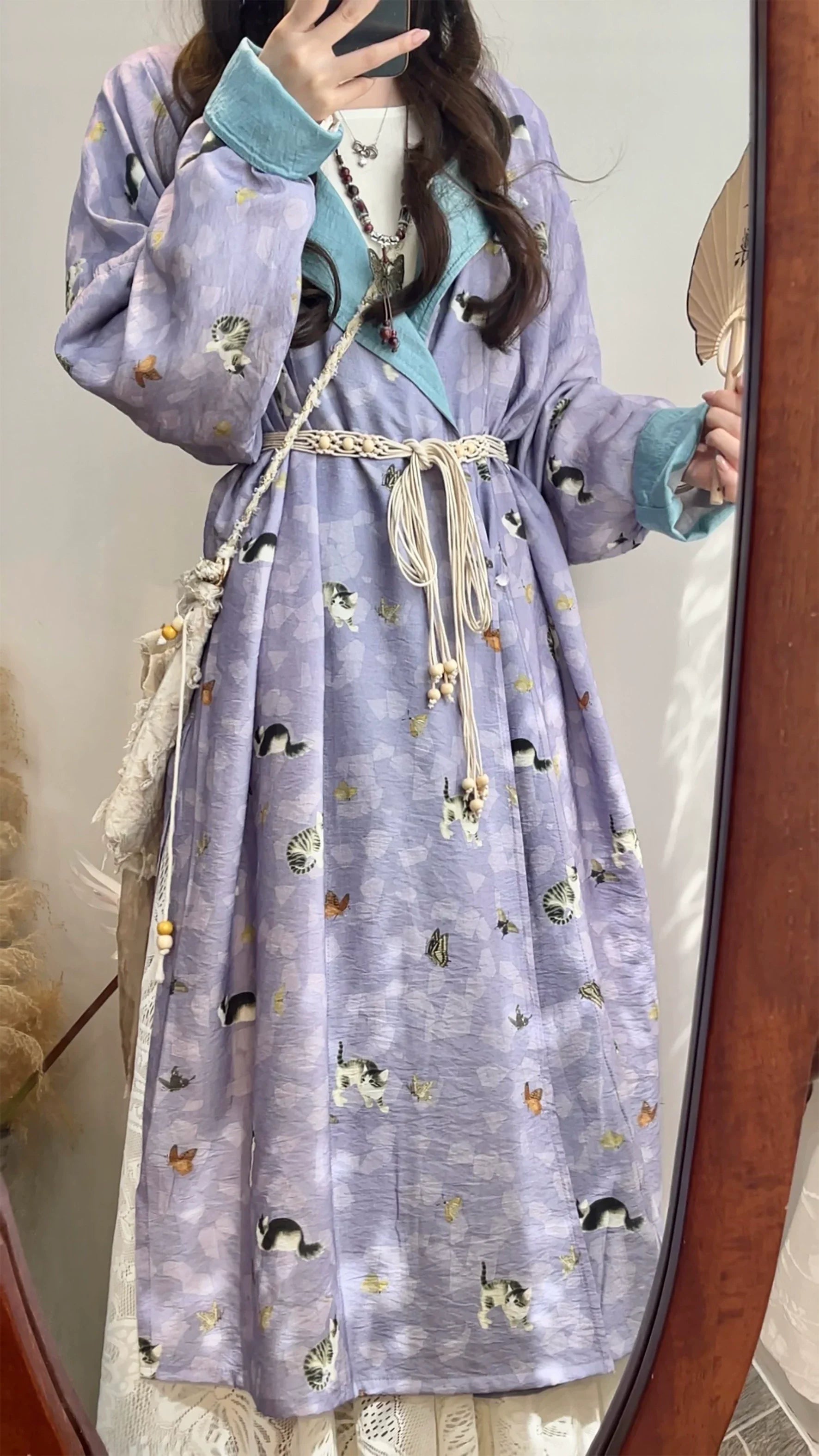 Maomao 猫猫 Kitten Modernized Tang Dynasty Cat Print Yuanlingpao Round Collar Robe