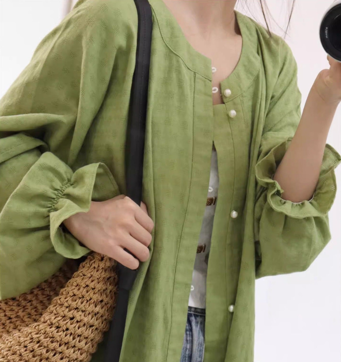 Touqi 透气 Модернизированная рубашка с круглым воротником и рукавами-фонариками