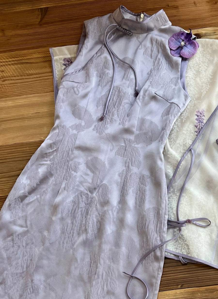 Wu Teng 雾藤 Misty Vine Модернизированное раскрашенное вручную ципао и кардиган из глицинии