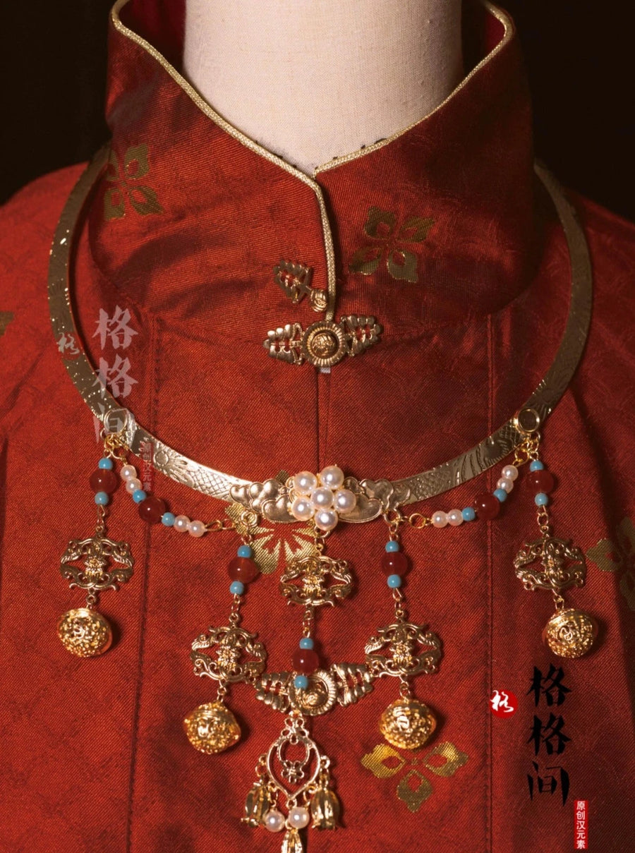 Ожерелье с колокольчиками династии Мин и медальоном на спине «Облако» Pingan Suo平安锁
