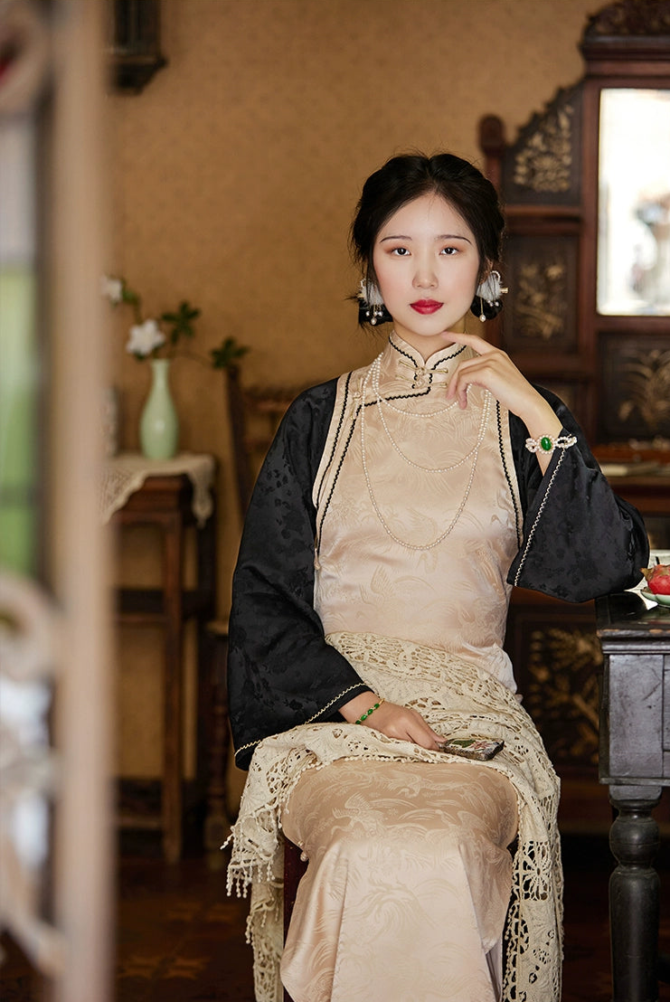 Капучино 卡布奇诺 Атласный жаккардовый комплект из двух частей 1930-х годов Ципао с рукавами-колокольчиками