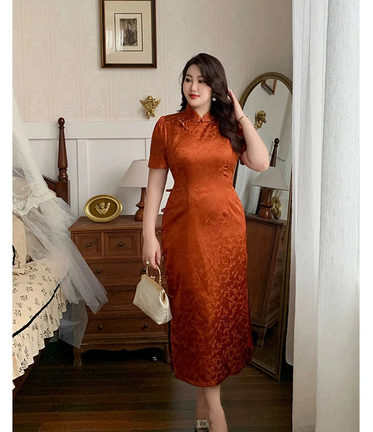 Xiaying Rui 霞映蕊 Glowing Sunset Plus Size Modernized Vintage Bottleneck Jacquard Qipao