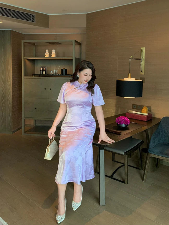 Zimo Diewu 紫陌蝶舞 Butterflies Dancing on Lavender Paths Plus Size Modernized Cutout Jacquard Butterfly Sleeve Qipao