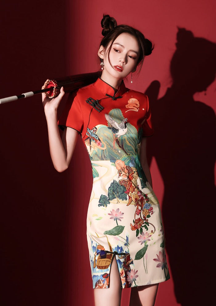 Lotus Crane 黑鹤 Mini Qipao Dress