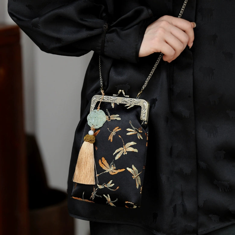 Qing Ting 蜻蜓 Porte-monnaie en brocart de jade libellule