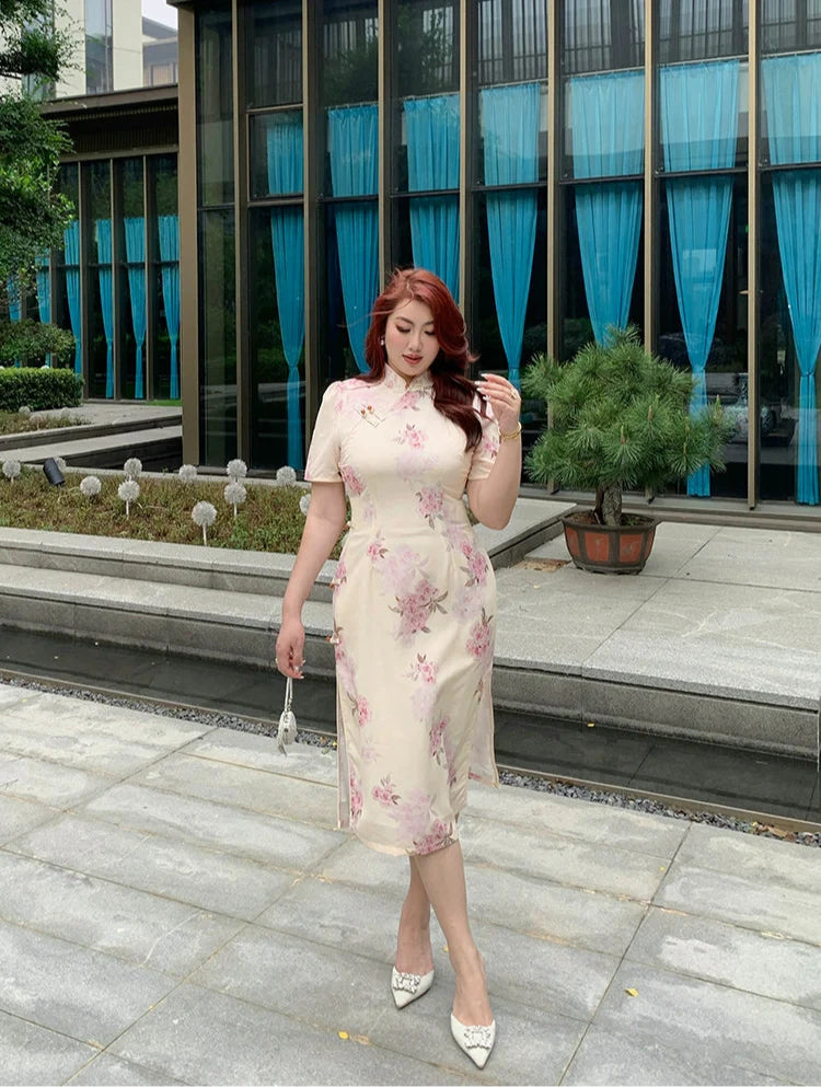 Xiari Meigui 夏日玫瑰 Rosy Summer Plus Size Modernized Classic Floral Print Qipao