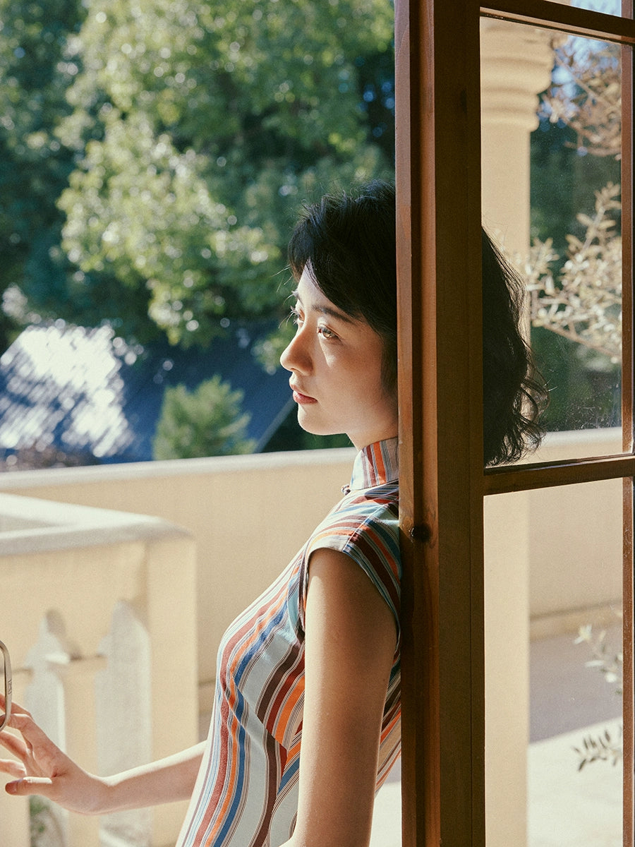 Шэн Дао 省道 Провинциальная дорога 1960-е годы в полоску в стиле ретро Ципао с короткими рукавами