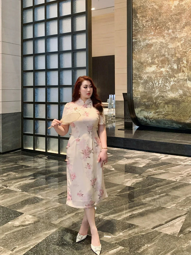 Xiari Meigui 夏日玫瑰 Rosy Summer Plus Size Modernized Classic Floral Print Qipao