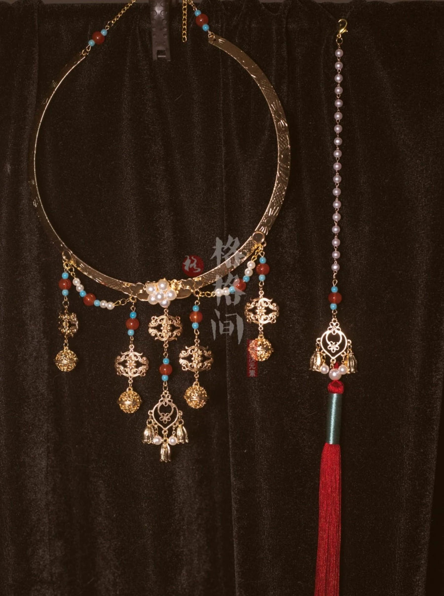 Ожерелье с колокольчиками династии Мин и медальоном на спине «Облако» Pingan Suo平安锁