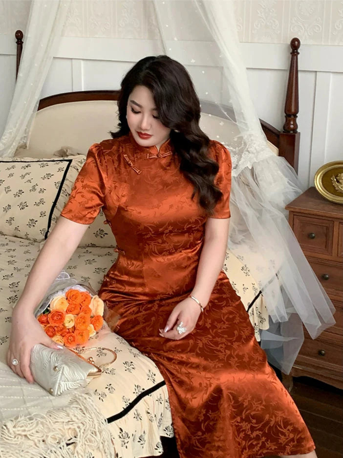 Xiaying Rui 霞映蕊 Glowing Sunset Plus Size Modernized Vintage Bottleneck Jacquard Qipao