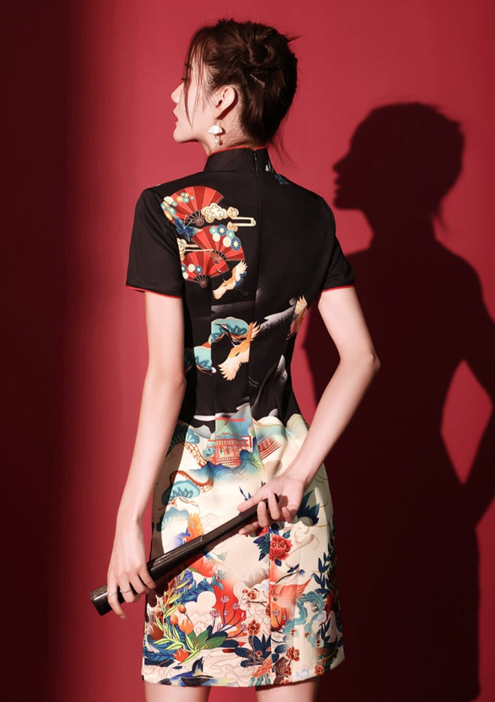 Lotus Crane 黑鹤 Mini Qipao Dress
