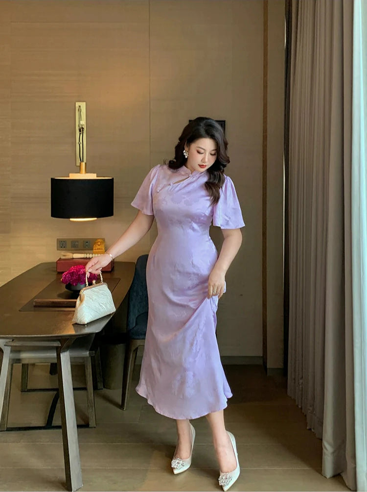 Zimo Diewu 紫陌蝶舞 Butterflies Dancing on Lavender Paths Plus Size Modernized Cutout Jacquard Butterfly Sleeve Qipao