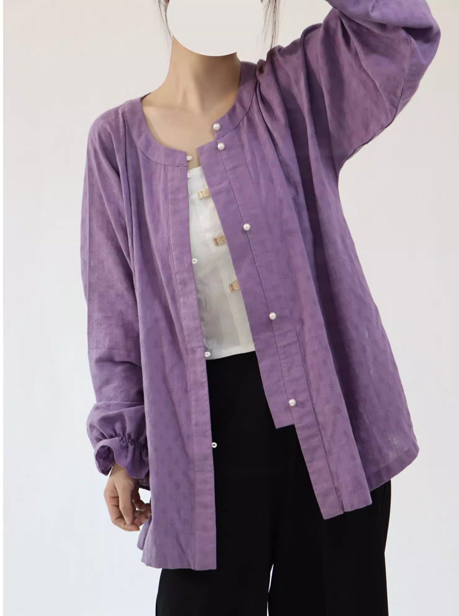 Touqi 透气 Модернизированная рубашка с круглым воротником и рукавами-фонариками