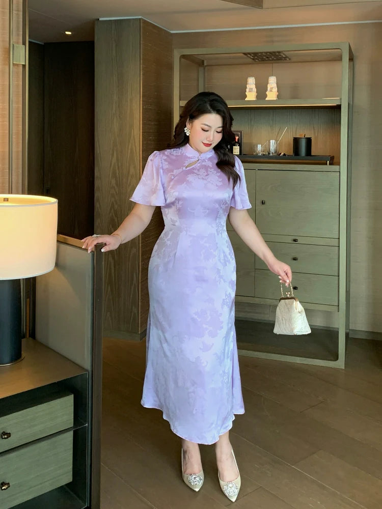 Zimo Diewu 紫陌蝶舞 Butterflies Dancing on Lavender Paths Plus Size Modernized Cutout Jacquard Butterfly Sleeve Qipao