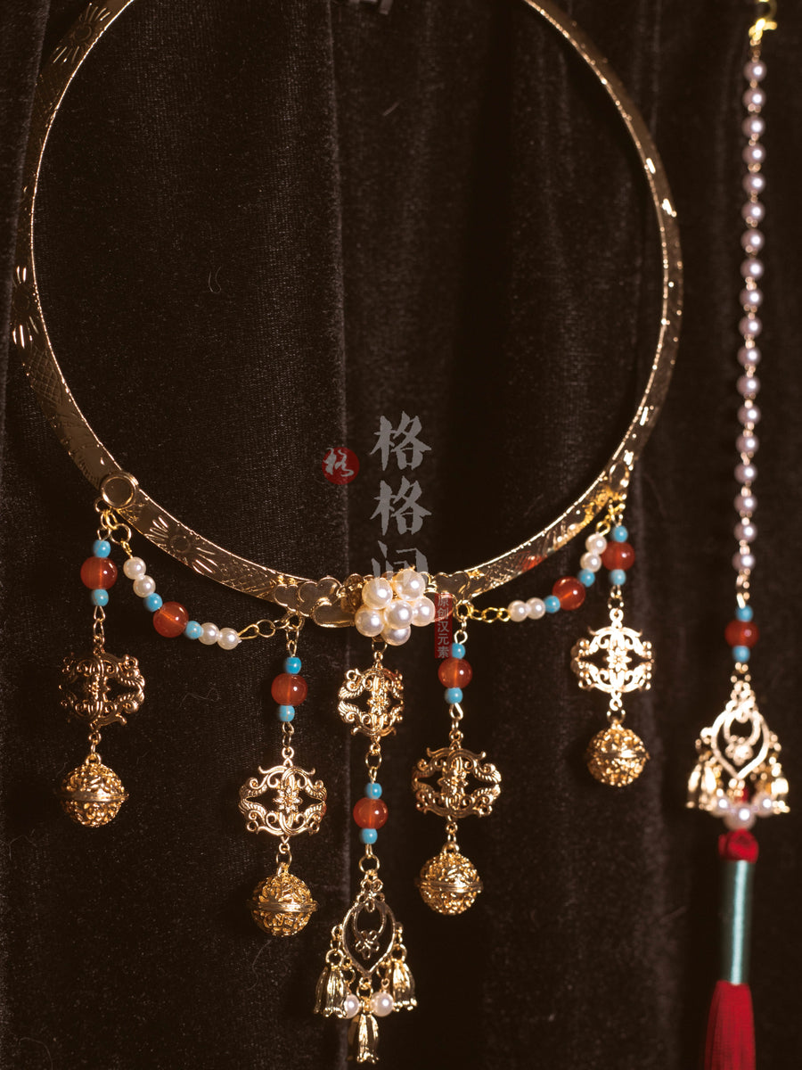 Ожерелье с колокольчиками династии Мин и медальоном на спине «Облако» Pingan Suo平安锁