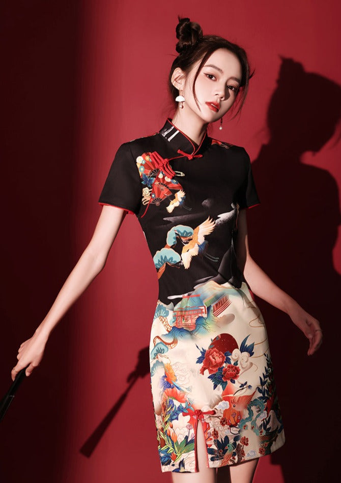 Lotus Crane 黑鹤 Mini Qipao Dress