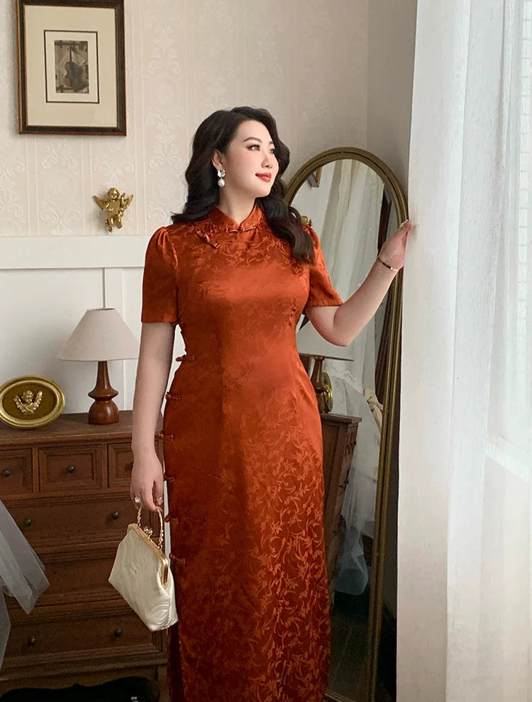 Xiaying Rui 霞映蕊 Glowing Sunset Plus Size Modernized Vintage Bottleneck Jacquard Qipao