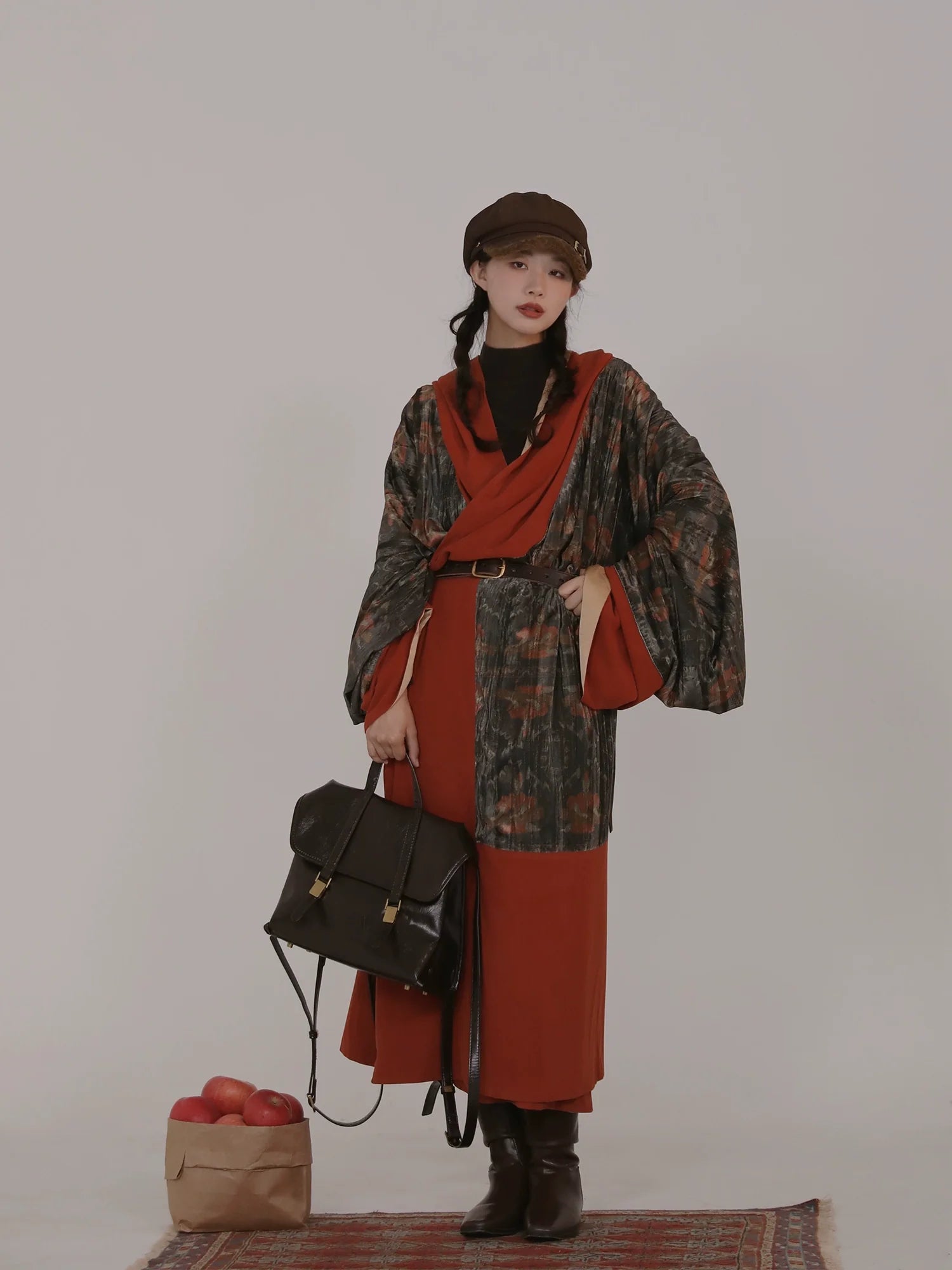 Fu Qin 抚琴 Playing the Zither Modernized Han Reversible Velvet Zhiju Straight Hem Robe Coat