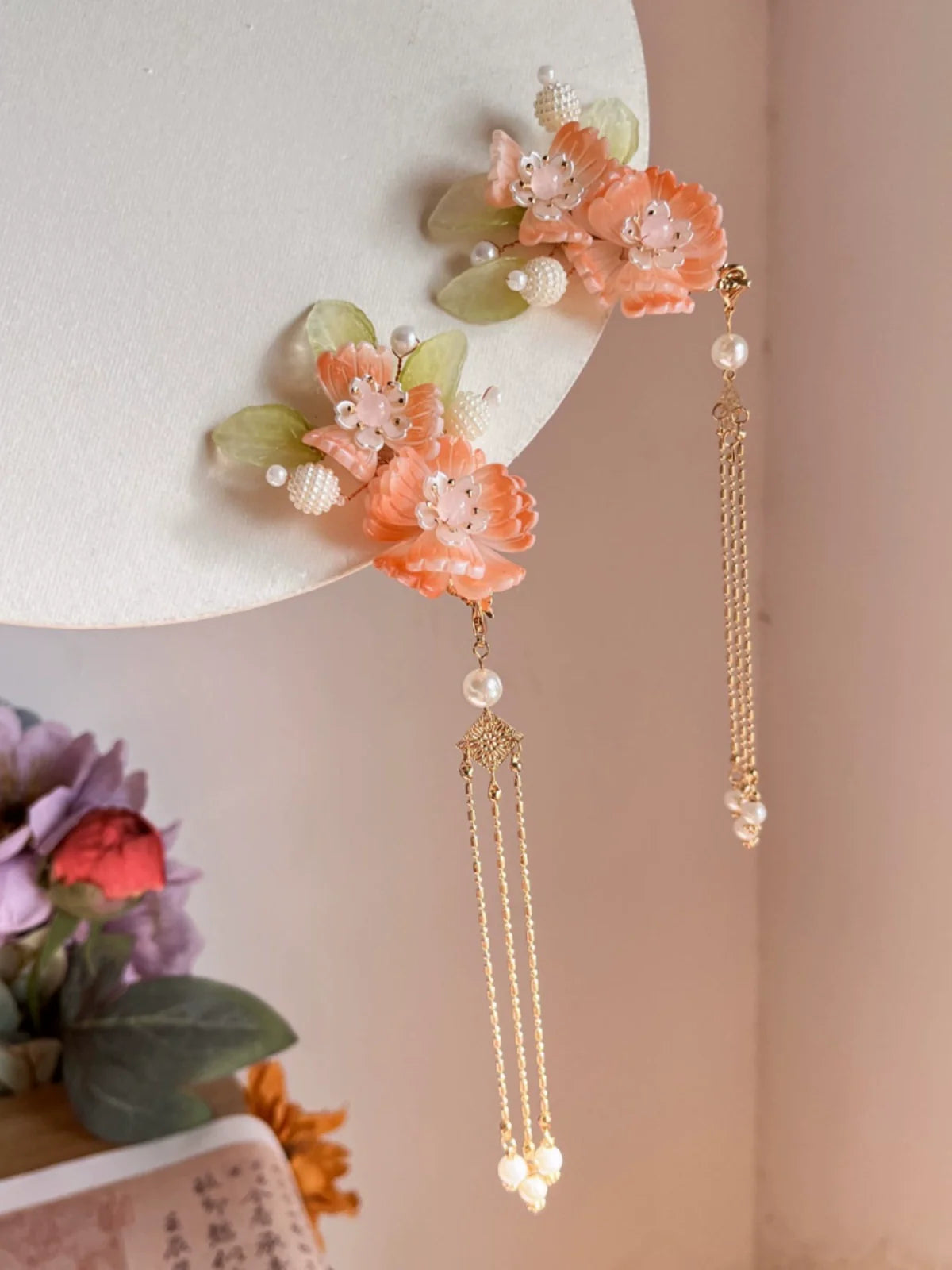 Nuan Ju 暖橘 Заколки для волос с жемчугом и цветочным оранжевым цветом теплого цвета