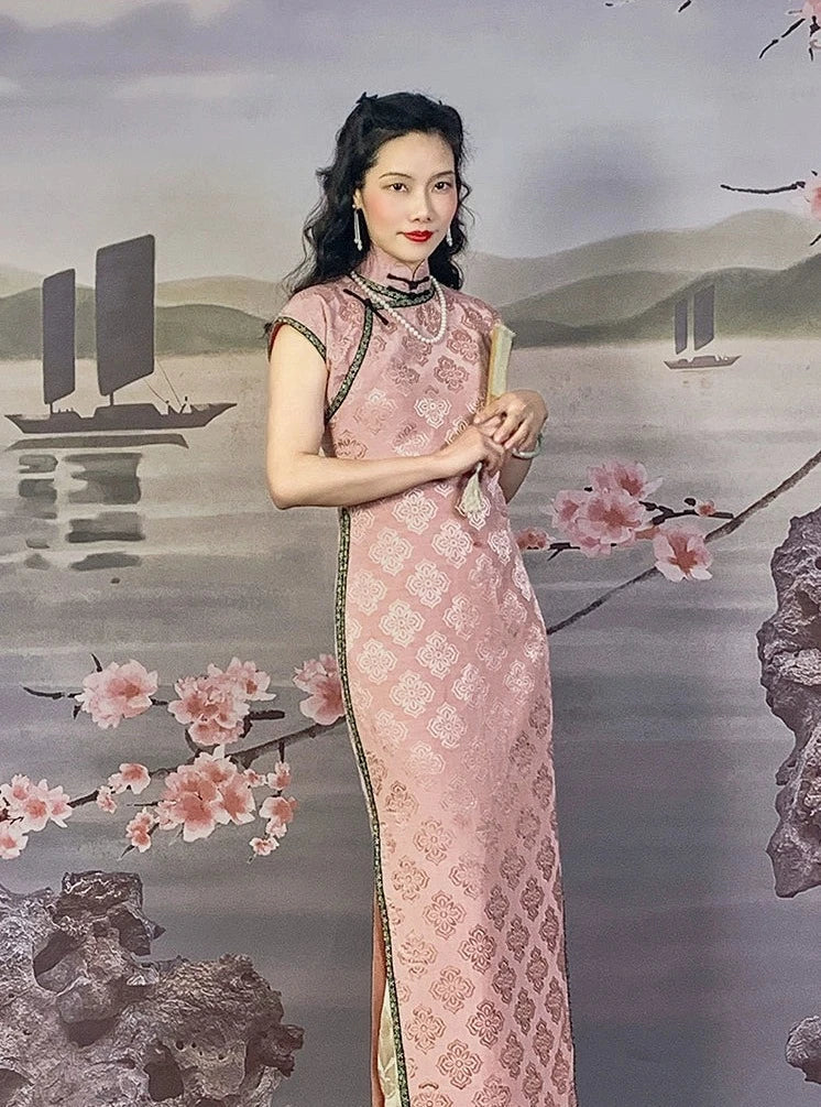 Tao Fen 桃粉 Персиковый пудровый атласный жаккардовый узор 1930-х годов Qipao