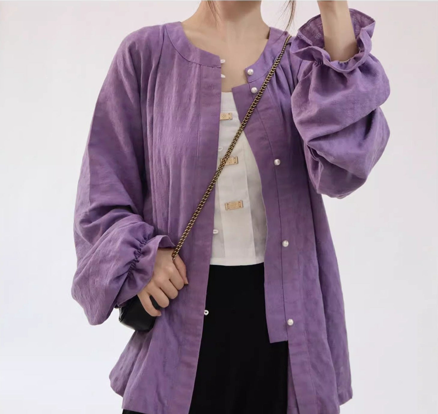 Touqi 透气 Модернизированная рубашка с круглым воротником и рукавами-фонариками