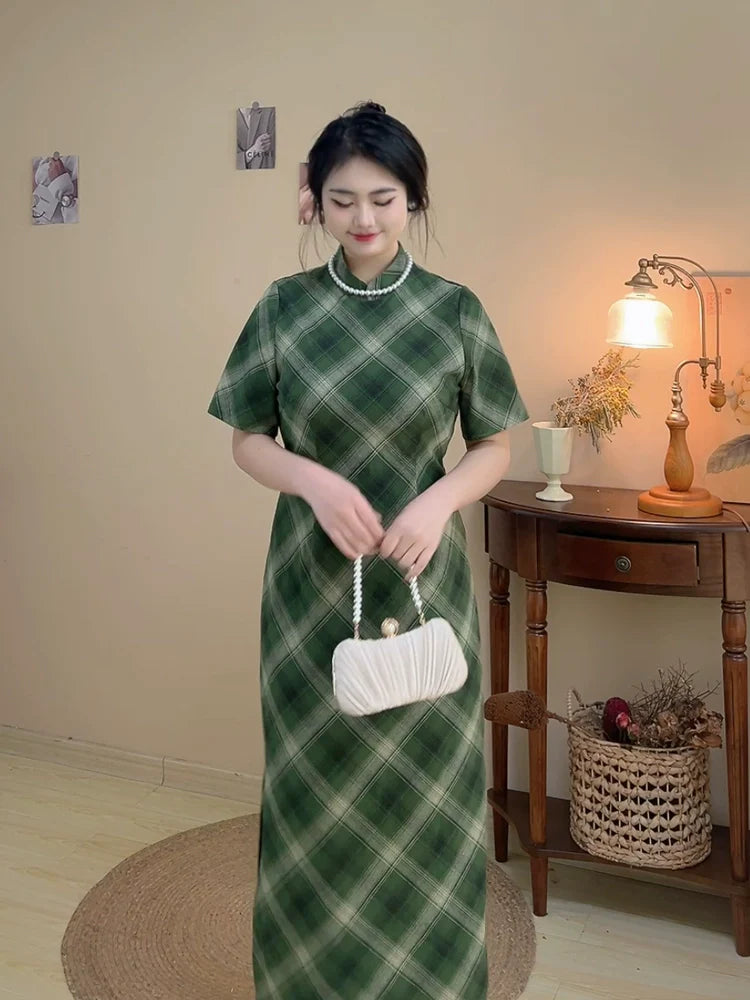 Gezi 格子 Клетчатая клетка больших размеров Ципао из хлопка в стиле 1930-х годов с короткими рукавами