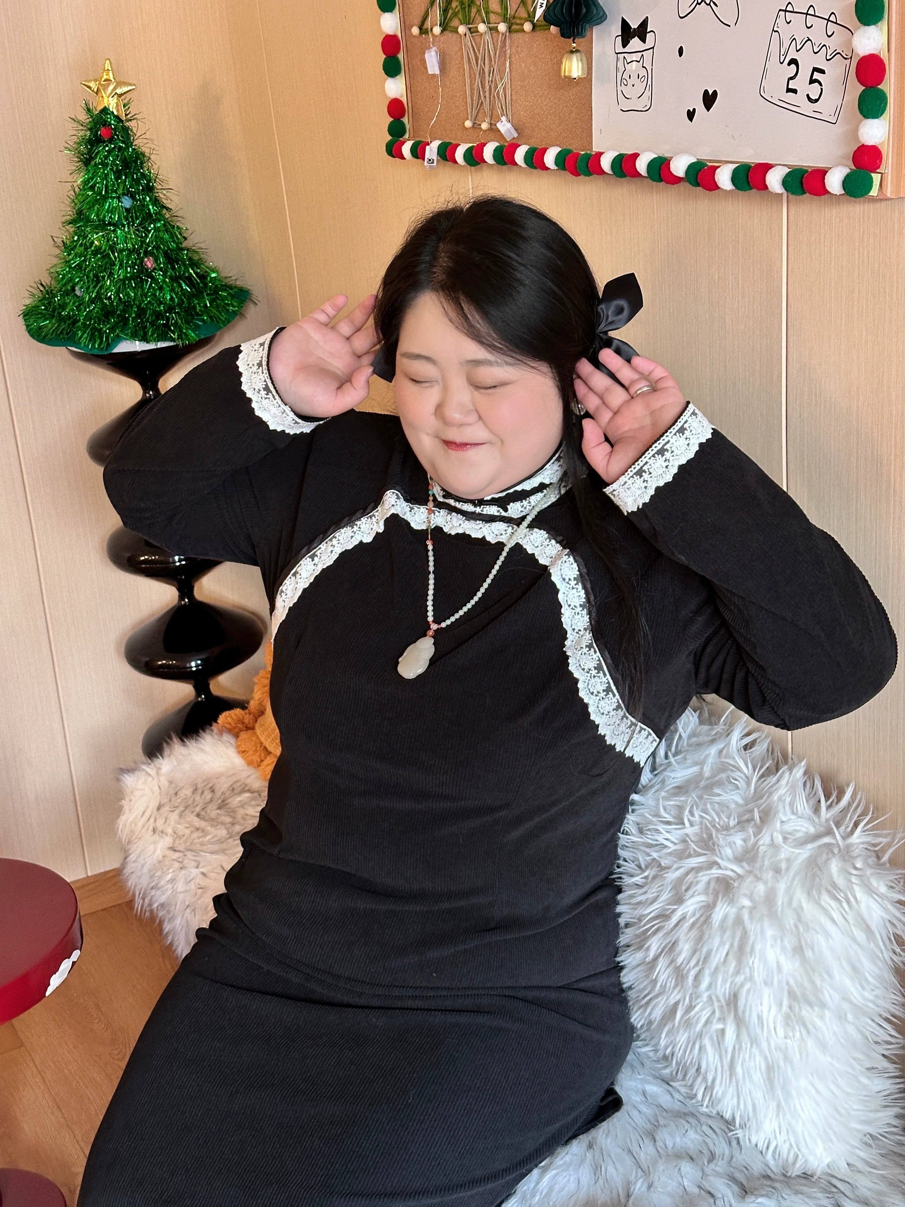 Bao Fufu 抱富富 Holding Fortune Кружевное Ципао больших размеров с длинными рукавами