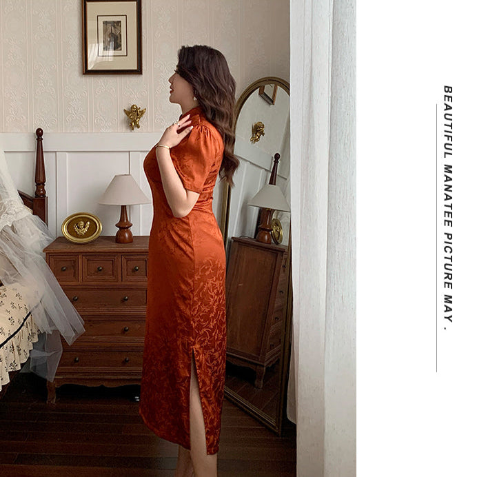 Xiaying Rui 霞映蕊 Glowing Sunset Plus Size Modernized Vintage Bottleneck Jacquard Qipao